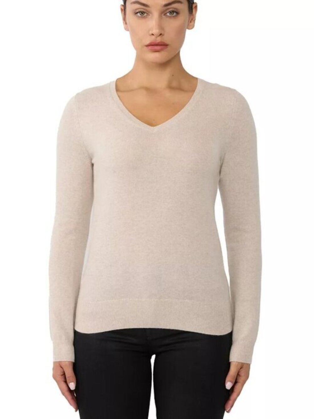 Jennie Liu 100% Pure Cashmere Long Sleeve Pullover V Neck Sweater Oatmeal NWOT